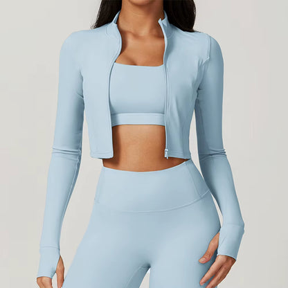 Sports Long Sleeved Women Slim Yoga Clothes Quick Dry Zipper Cardigan Stand up Collar Jacket Running Fitness Jacket Outdoor Top
