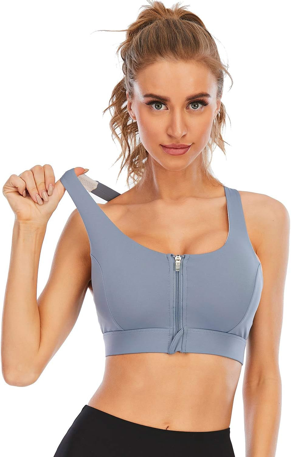 Zipper in Front Sports Bra High Impact Strappy Back Support Workout Top