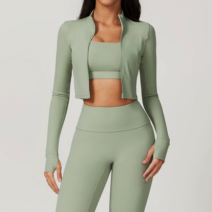 Sports Long Sleeved Women Slim Yoga Clothes Quick Dry Zipper Cardigan Stand up Collar Jacket Running Fitness Jacket Outdoor Top