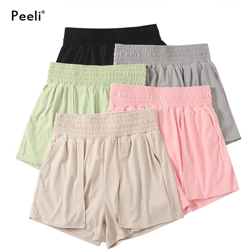Spandex Sports Shorts with Phone Pockets Loose Yoga Shorts Women Clothing High Waist Gym Shorts Athletic Workout Leggings Woman