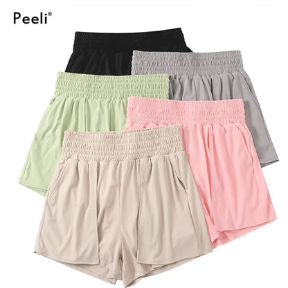 Spandex Sports Shorts with Phone Pockets Loose Yoga Shorts Women Clothing High Waist Gym Shorts Athletic Workout Leggings Woman