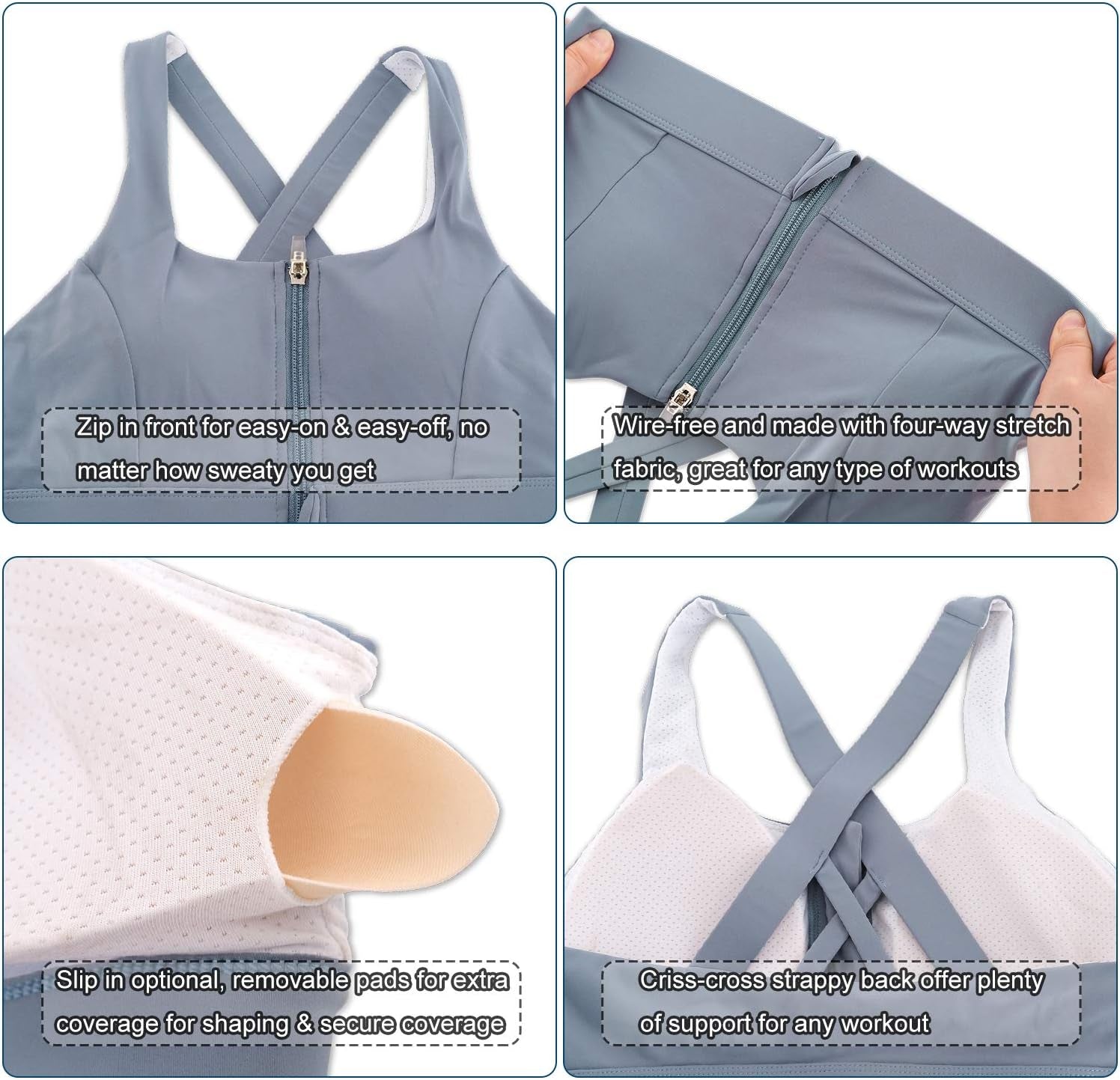 Zipper in Front Sports Bra High Impact Strappy Back Support Workout Top