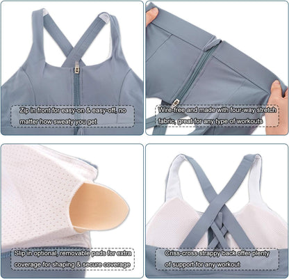 Zipper in Front Sports Bra High Impact Strappy Back Support Workout Top