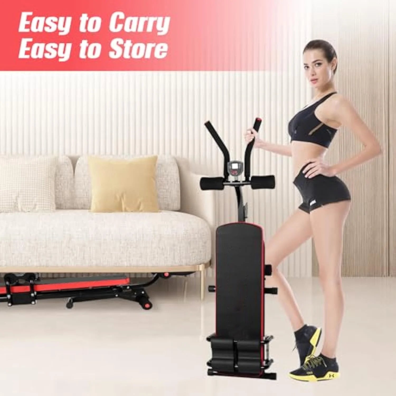 Foldable Ab Machine, Ab Workout Equipment, Abdominal Trainers for Home, LCD Display, Red