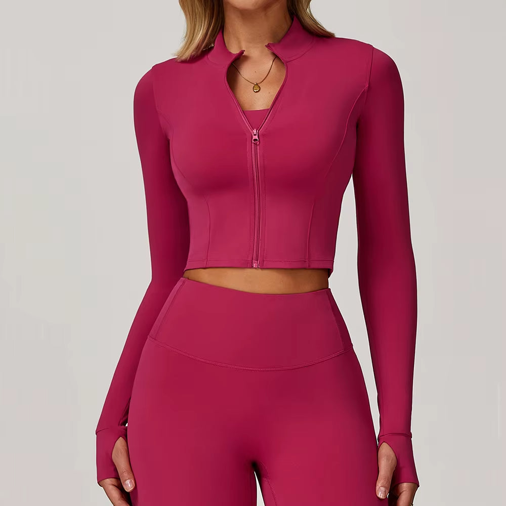 Sports Long Sleeved Women Slim Yoga Clothes Quick Dry Zipper Cardigan Stand up Collar Jacket Running Fitness Jacket Outdoor Top