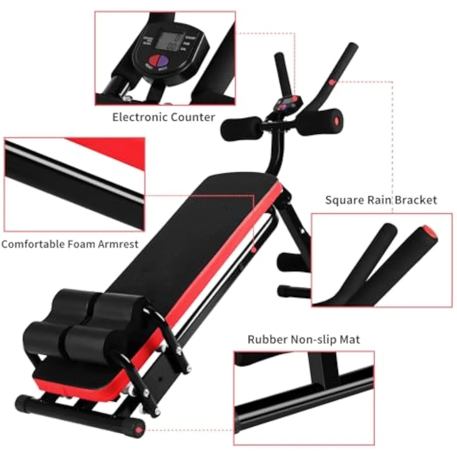 Foldable Ab Machine, Ab Workout Equipment, Abdominal Trainers for Home, LCD Display, Red