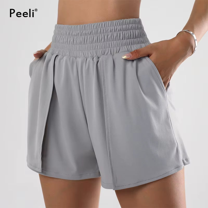 Spandex Sports Shorts with Phone Pockets Loose Yoga Shorts Women Clothing High Waist Gym Shorts Athletic Workout Leggings Woman