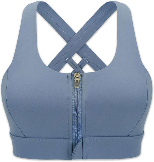Zipper in Front Sports Bra High Impact Strappy Back Support Workout Top