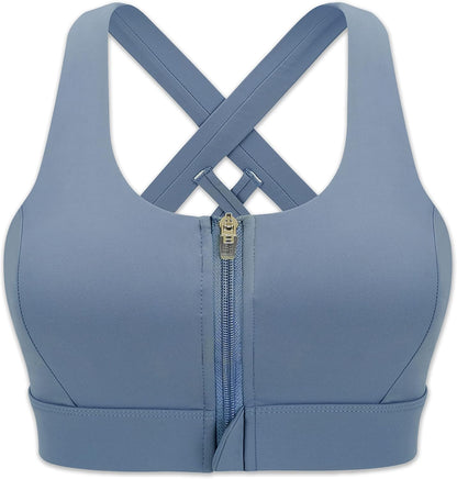Zipper in Front Sports Bra High Impact Strappy Back Support Workout Top